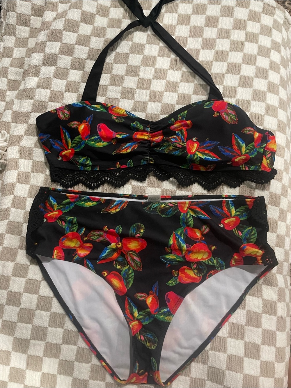 Black Floral High-Waist Bikini with Lace Trim